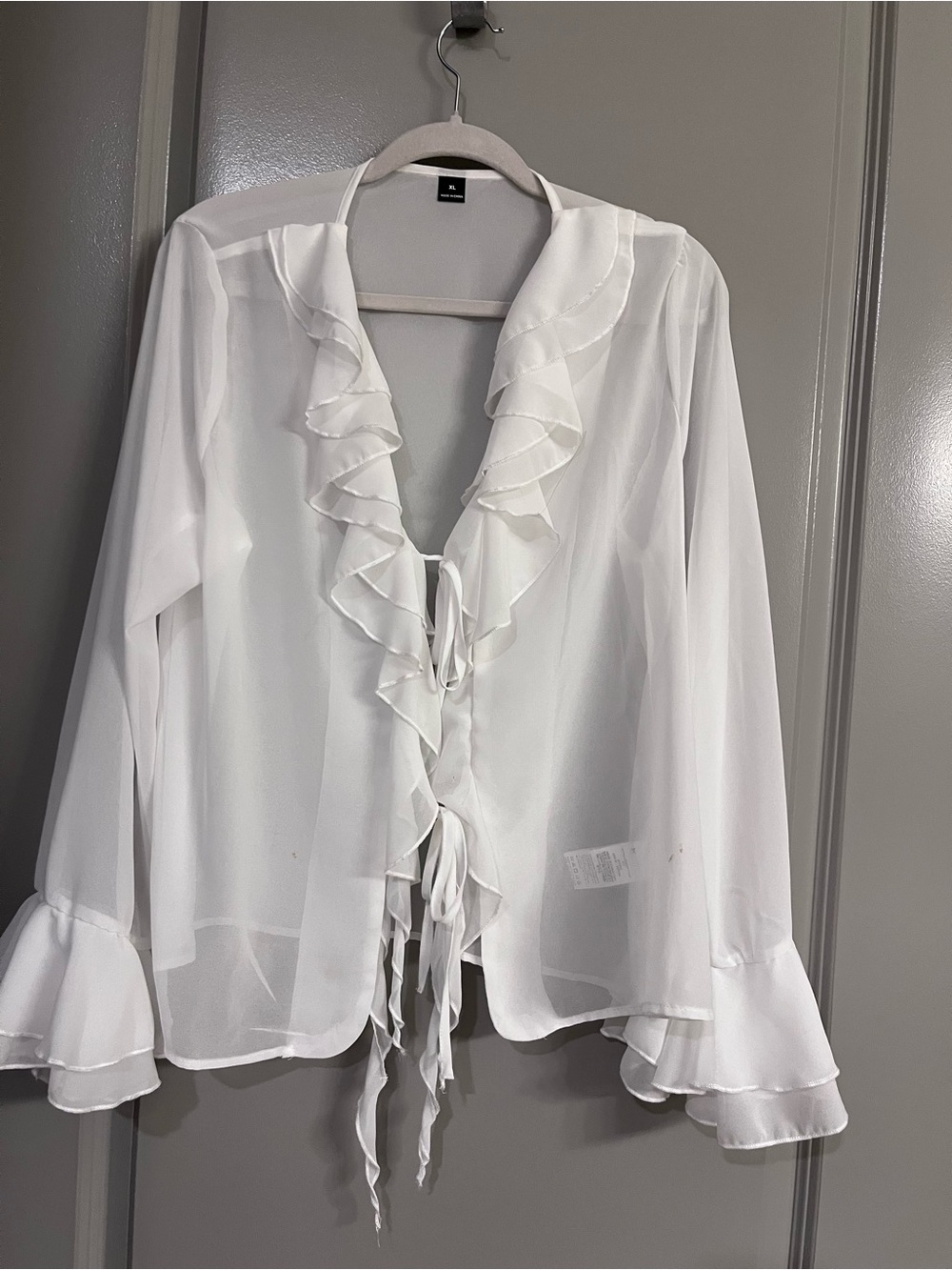 SHEIN White Ruffle Tie-Front Sheer Blouse